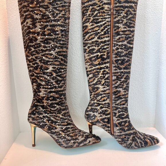 NEW Betsey Johnson Brea Leopard Rhinestone High Boots - Size 9.5 - Picture 3 of 12